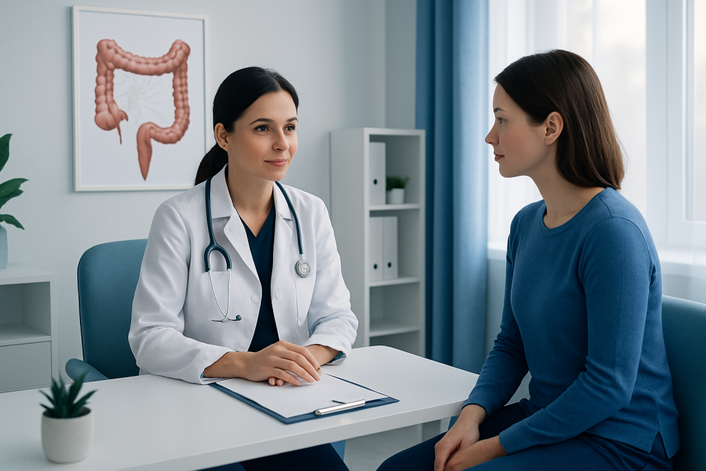 Doctor consulting patient about colonoscopy in a medical office.