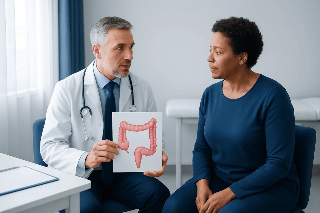 Doctor explaining colonoscopy process with a model of the colon to a patient.