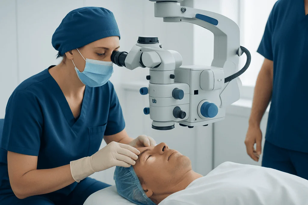 Surgeon performing eye surgery with advanced microscope at Acibadem Hospital.