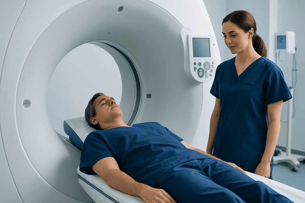 Patient undergoing a CT scan in a modern hospital setting.