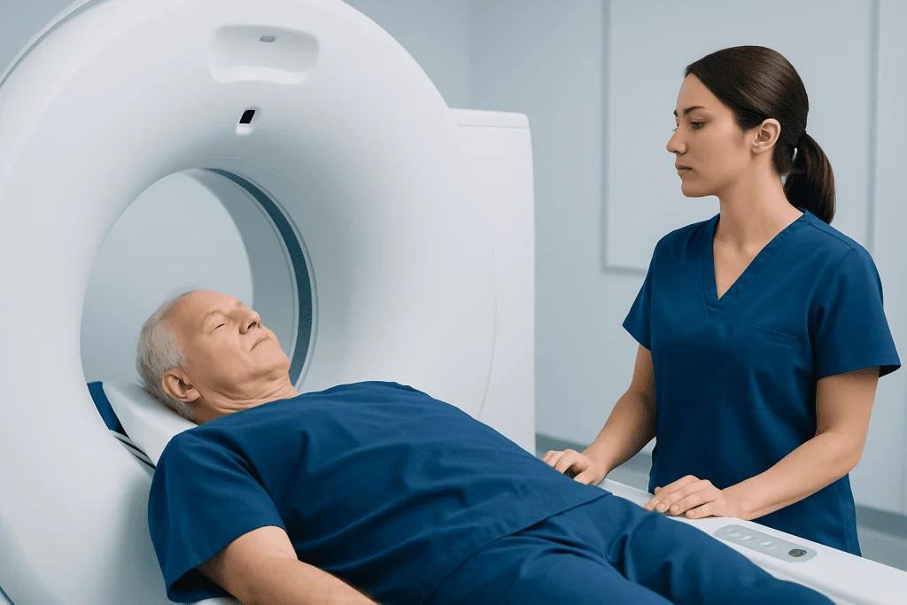 Patient undergoing a CT scan in a hospital setting with medical staff present.