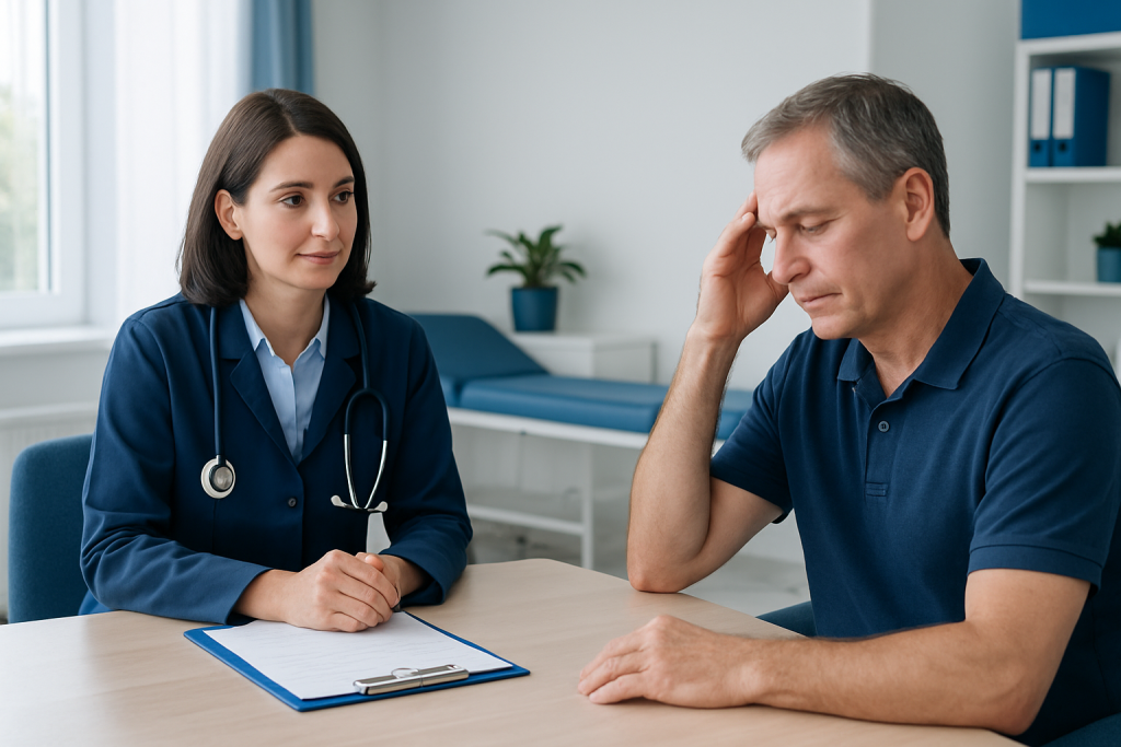 Doctor consulting with a patient experiencing dizziness in a medical office.