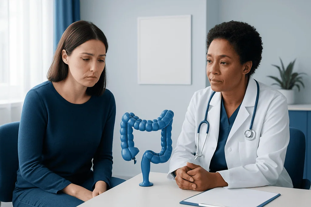 Doctor explaining colon health to a patient in a medical consultation.