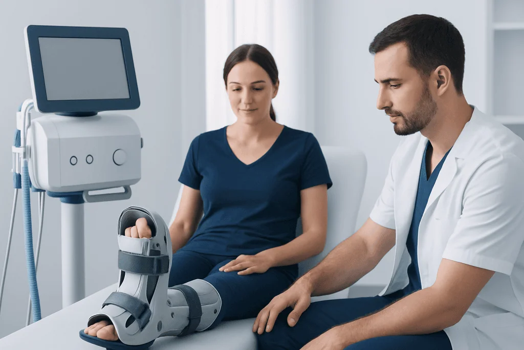 Medical professional examining patient's foot with a brace in a clinical setting.