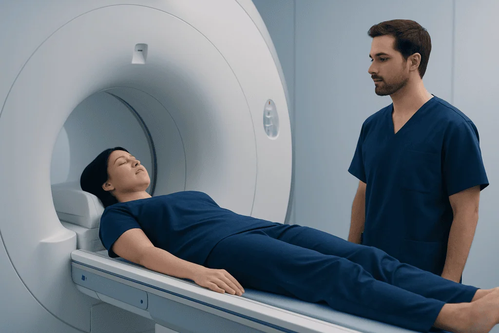 Patient lying inside MRI scanner with technician nearby at Acibadem Hospital.