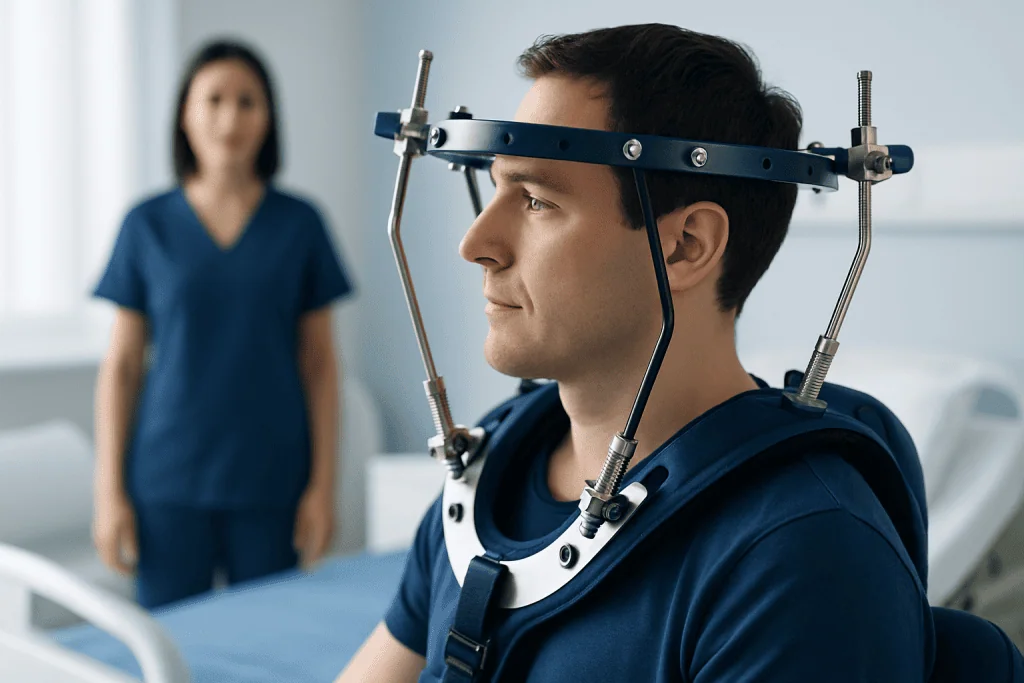 Patient wearing a halo brace for spinal injury treatment in a hospital setting.