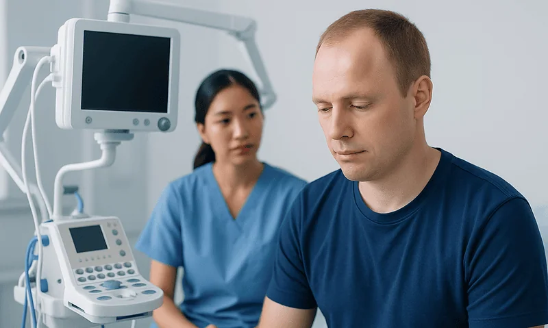 Patient with a goose egg on his head in a medical examination room.