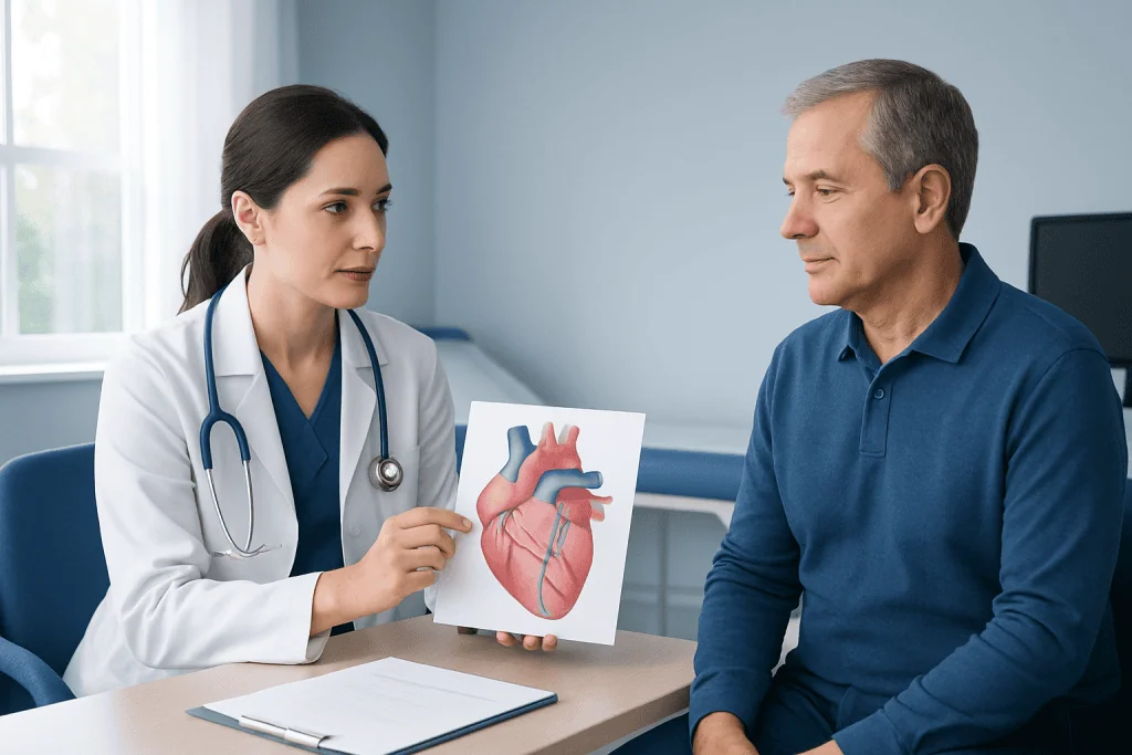 Doctor explaining heart anatomy to patient during consultation at Acibadem Hospital.