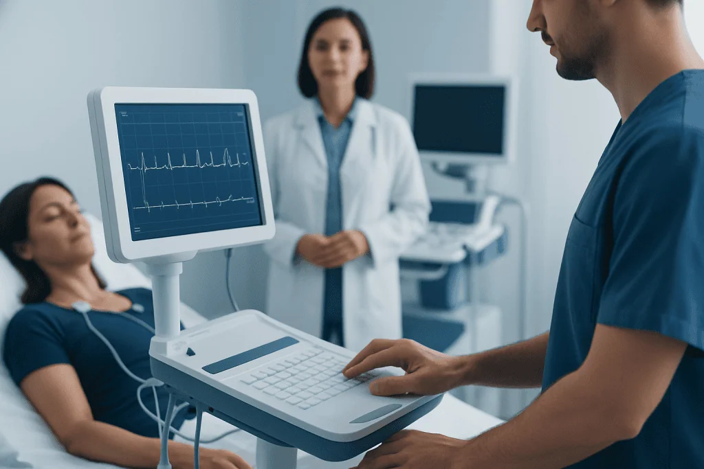 Medical professional monitoring heart rate with ECG in hospital.
