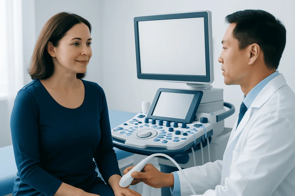 Doctor performing a heart health check on a woman in a medical clinic.