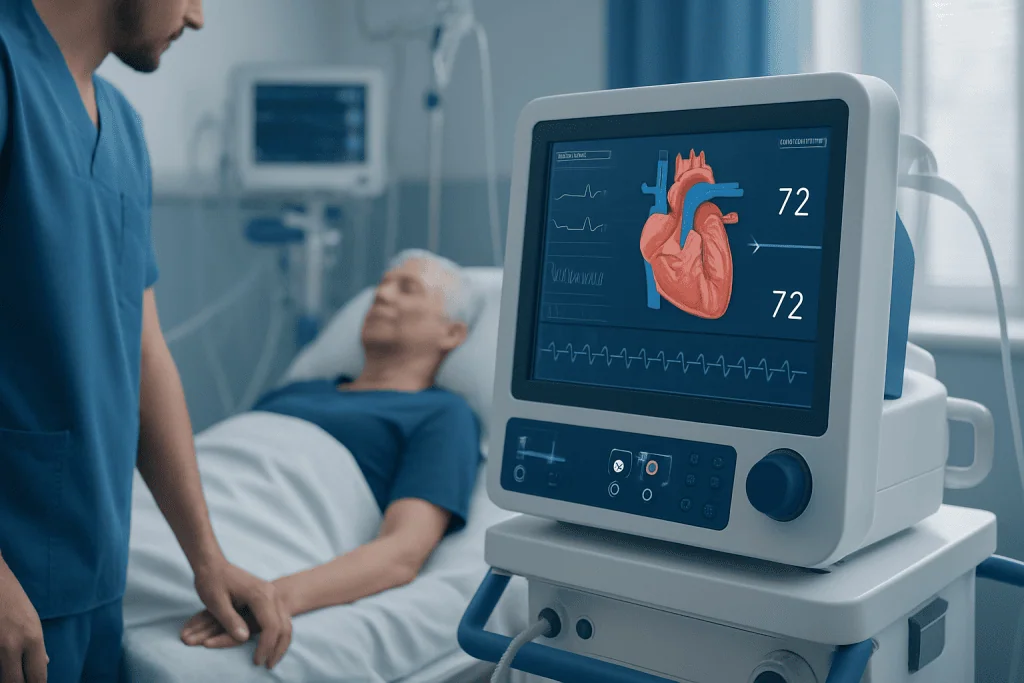 Medical monitor displaying heart rate and ECG in hospital room.
