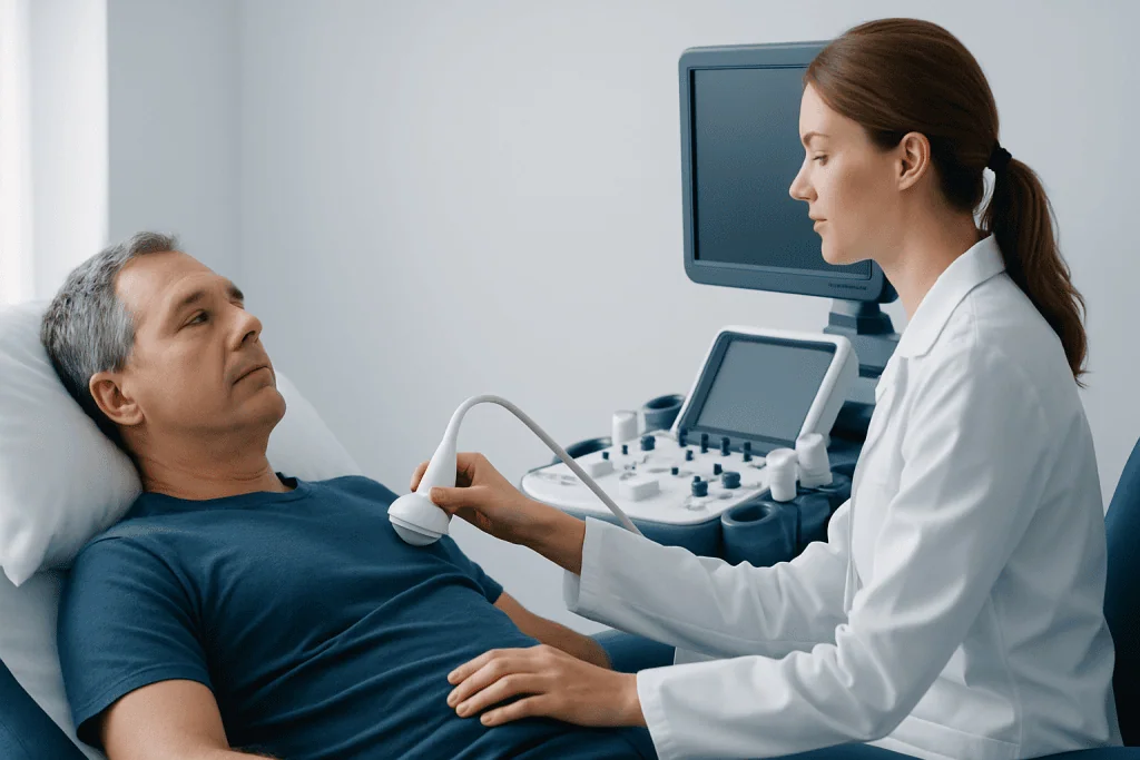 Doctor performs a heart ultrasound on a male patient in a clinical setting.