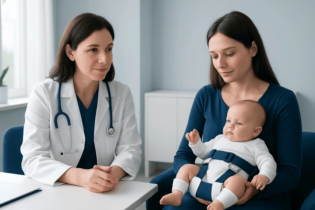 Pediatric consultation with a doctor and mother holding a baby in a hospital setting.