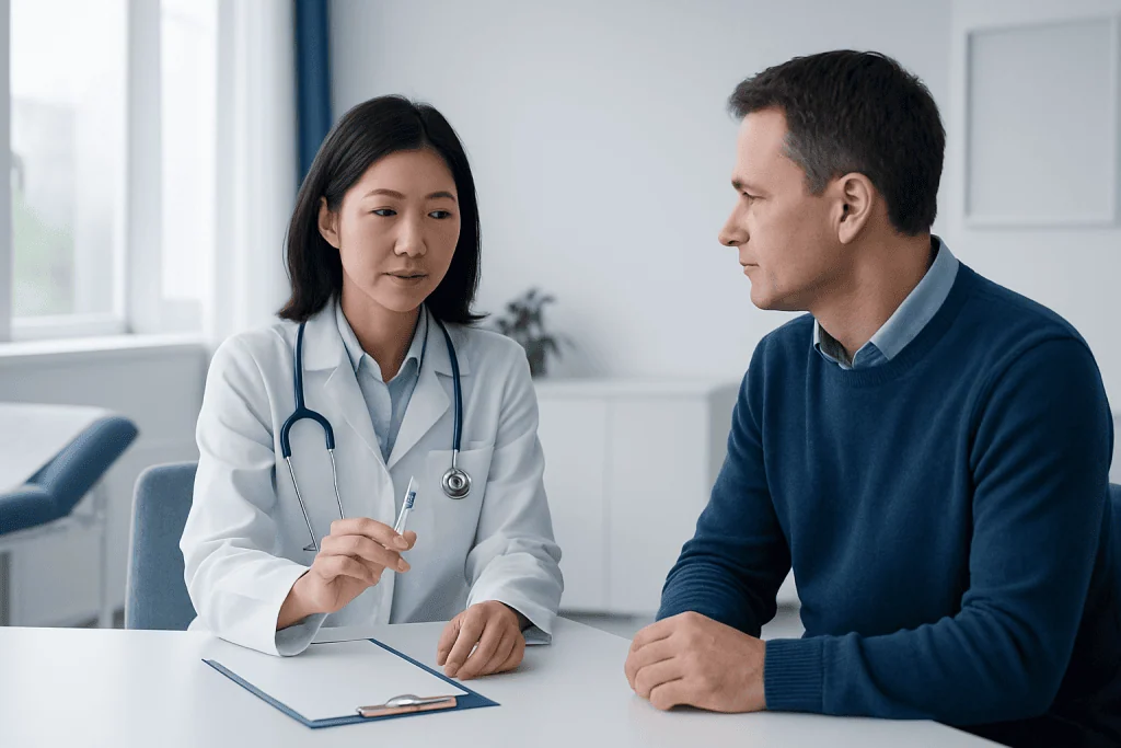 Doctor consulting with a patient in a medical office setting.