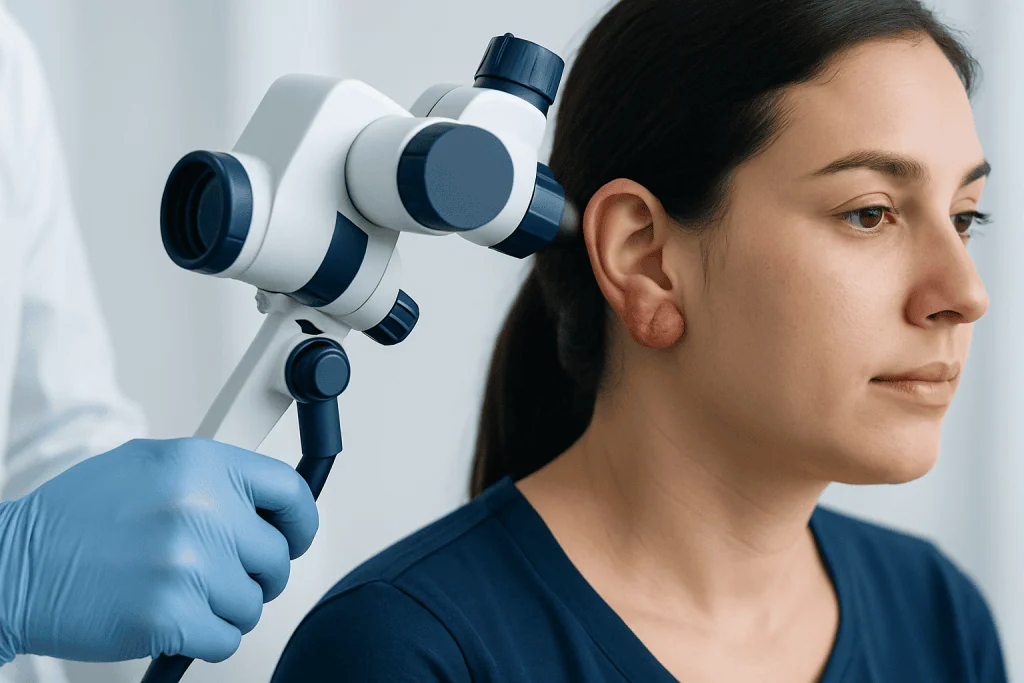 Doctor examining patient's ear with otoscope at Acibadem Hospital.
