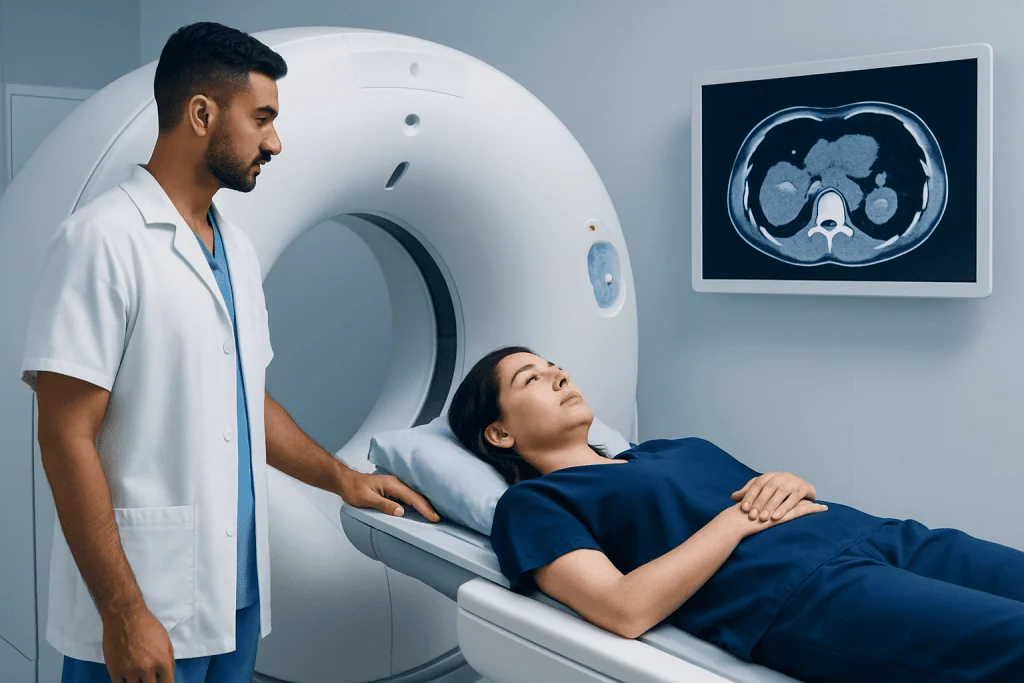 Patient undergoing a CT scan for kidney examination at Acibadem Hospital.