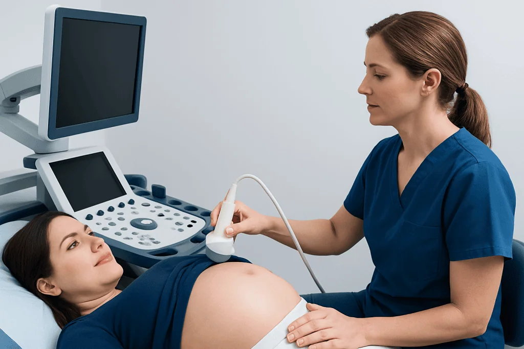 Pregnant woman undergoing ultrasound examination in a medical setting.