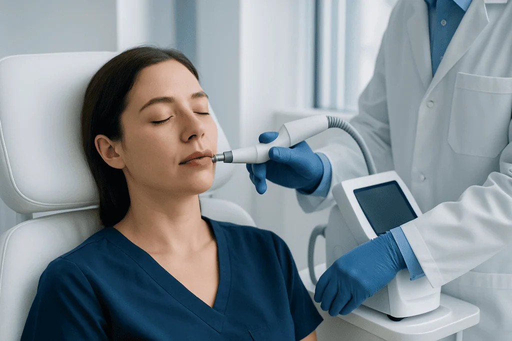 Doctor performs a skin examination on a woman with a medical device.