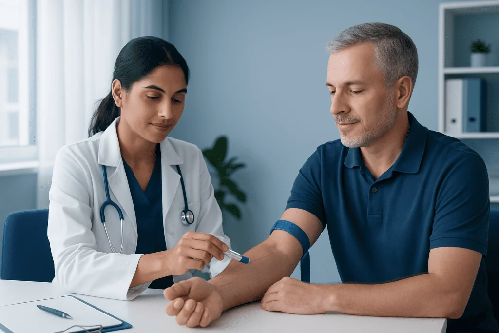 Doctor drawing blood from a patient for lipid screening test.