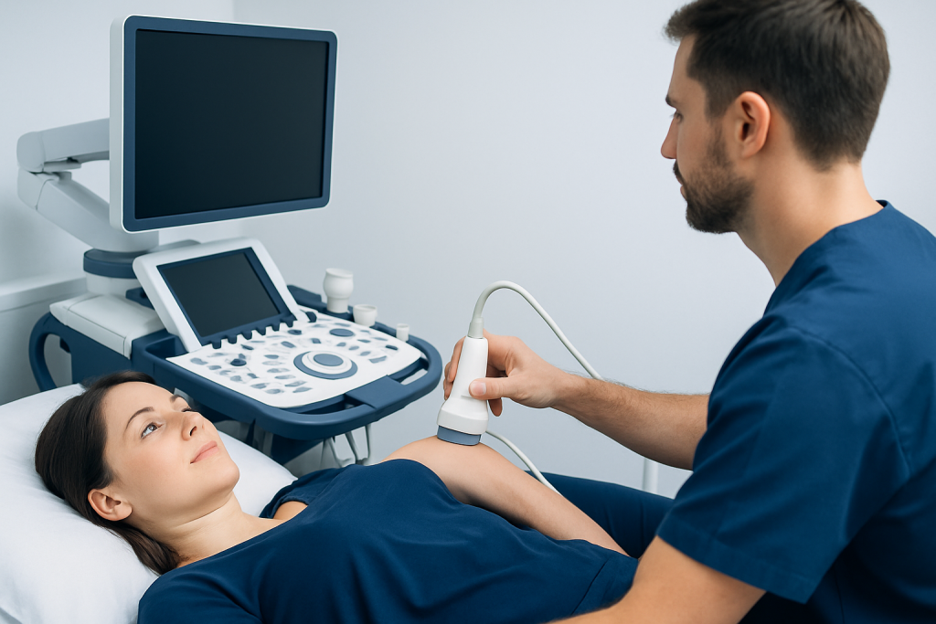 Doctor performing an ultrasound examination on a patient in a hospital room.