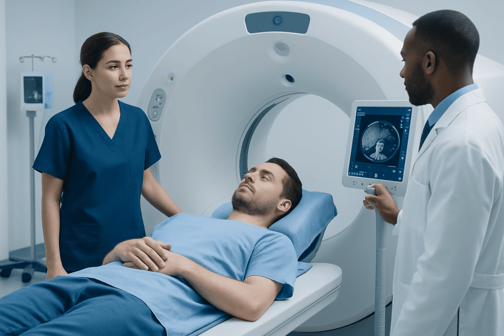 Patient undergoing liver CT scan with medical staff assistance.