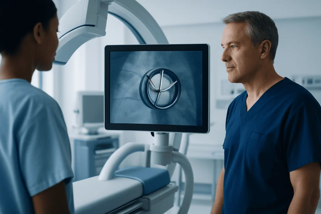 Medical professionals discussing a mechanical heart valve on a monitor.