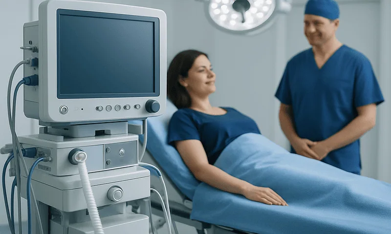 Patient in hospital bed with medical monitor and healthcare professional nearby.