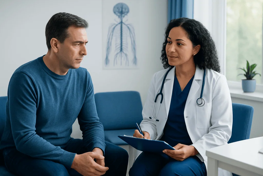 Doctor consulting with male patient in a medical office setting.