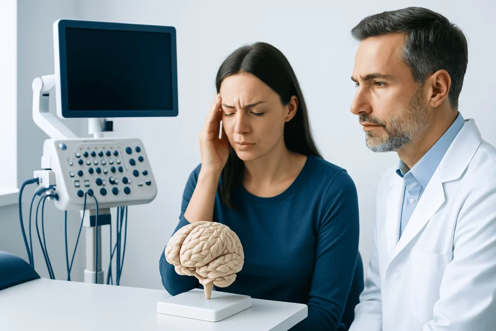 Woman with headache consulting a neurologist in a medical office.