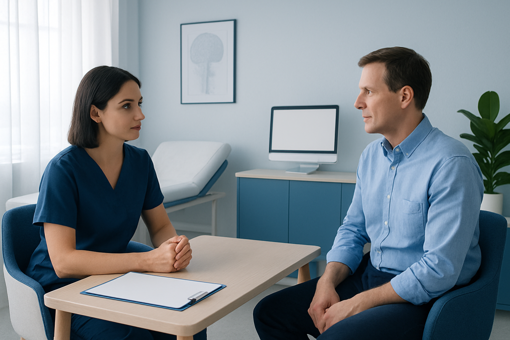 Doctor and patient having consultation in a medical office.