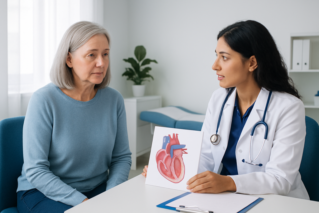 Doctor explaining heart diagram to an elderly woman in a consultation room.