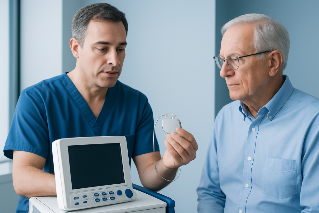 Doctor explains pacemaker function to elderly patient in hospital.