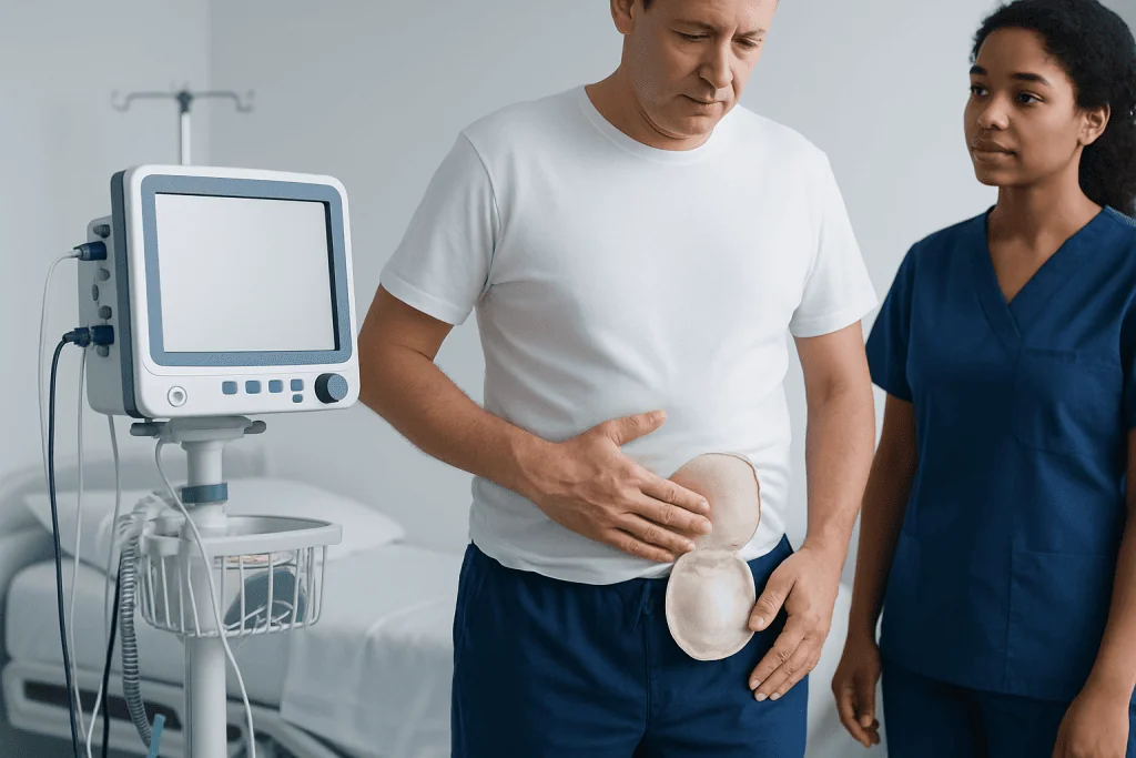 How a parastomal hernia may feel and look — parastomal hernia