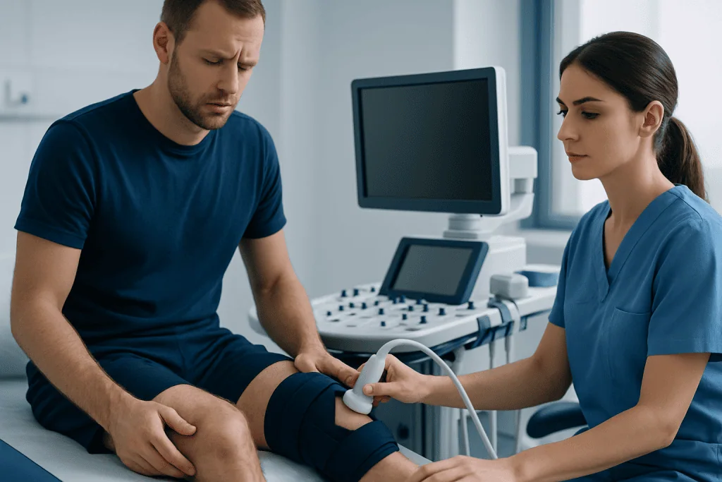 Doctor examines patient's knee with ultrasound in hospital setting.