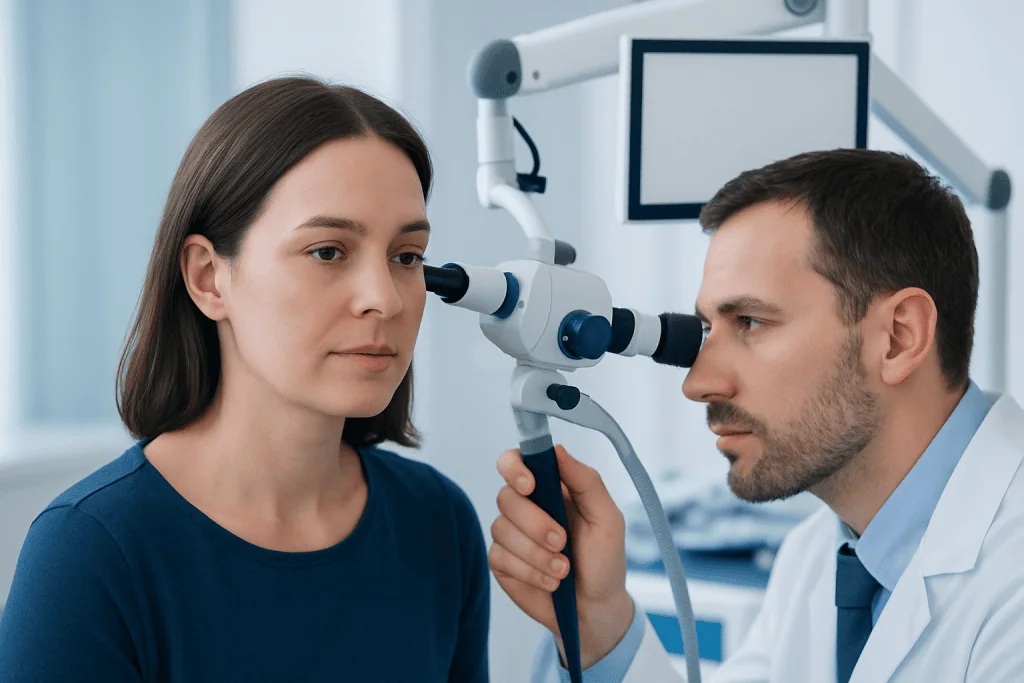 ENT specialist examines patient's ear with otoscope at Acibadem Hospital.