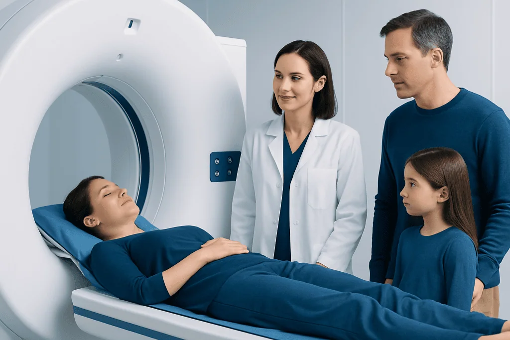 Patient undergoing PET scan with family and medical staff present.