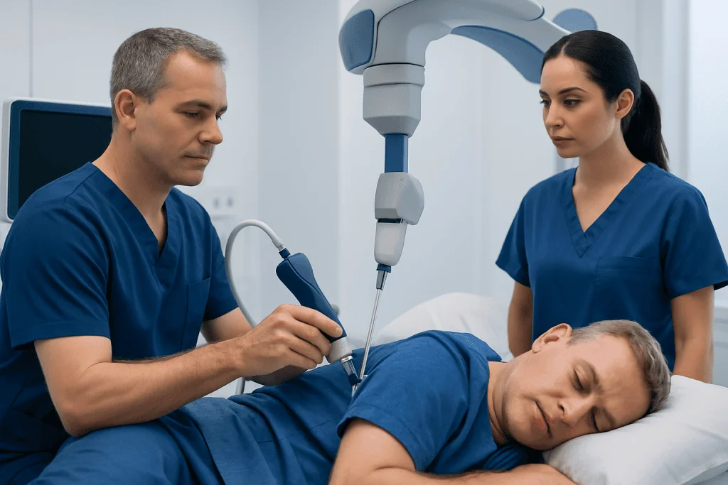 Doctor performing prostate biopsy with medical staff observing in hospital.