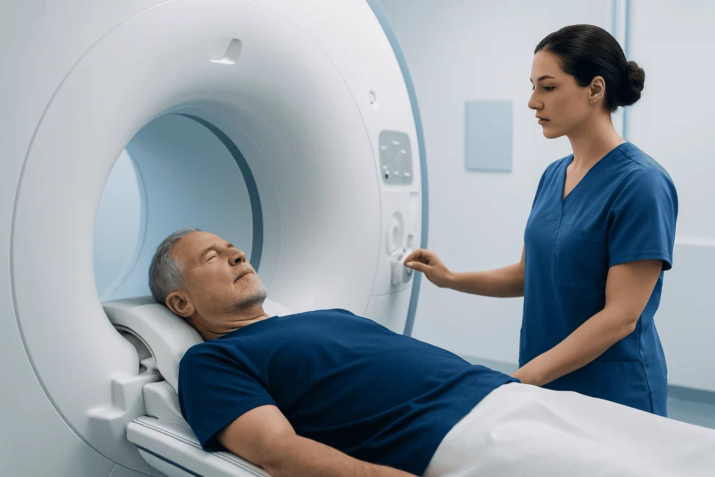 Patient undergoing MRI scan in a medical facility with healthcare professional.