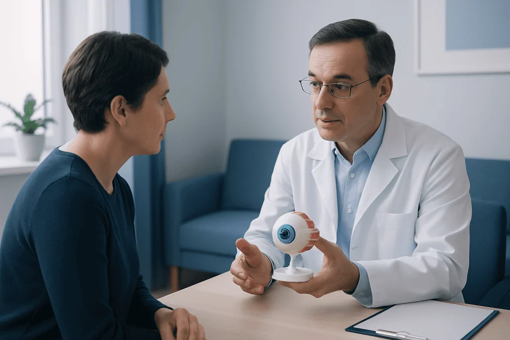 Doctor explaining prosthetic eye to patient in consultation room.