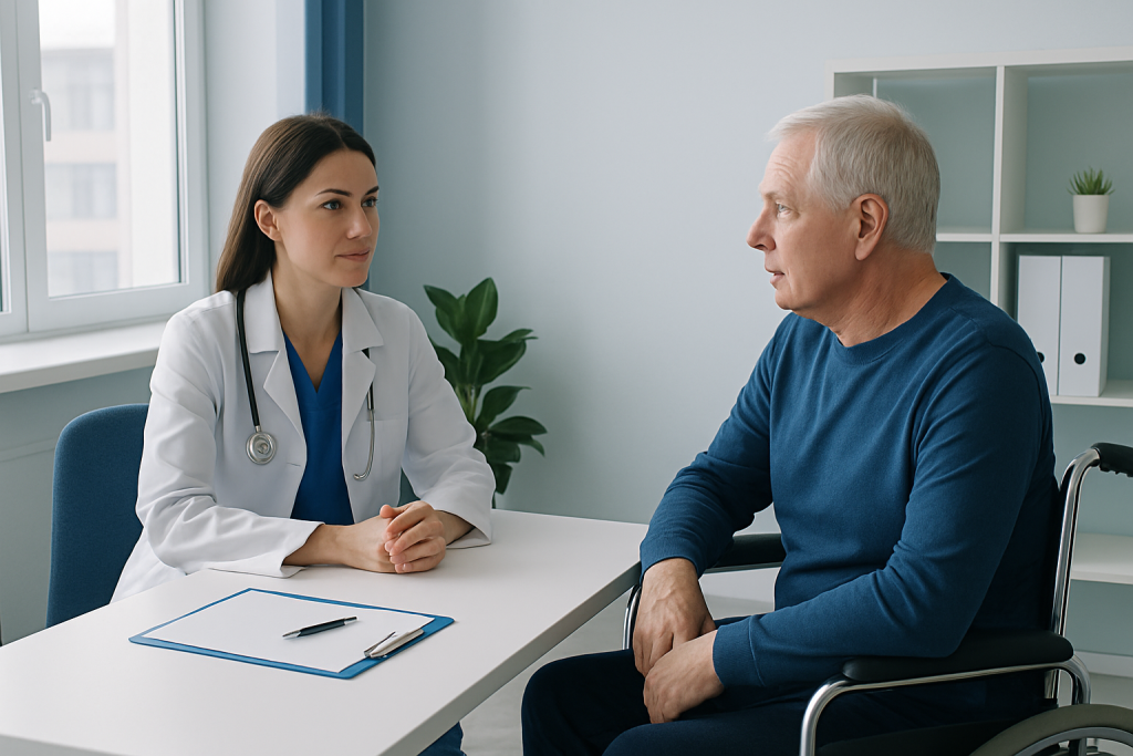 Doctor consulting with elderly patient in a modern hospital room.