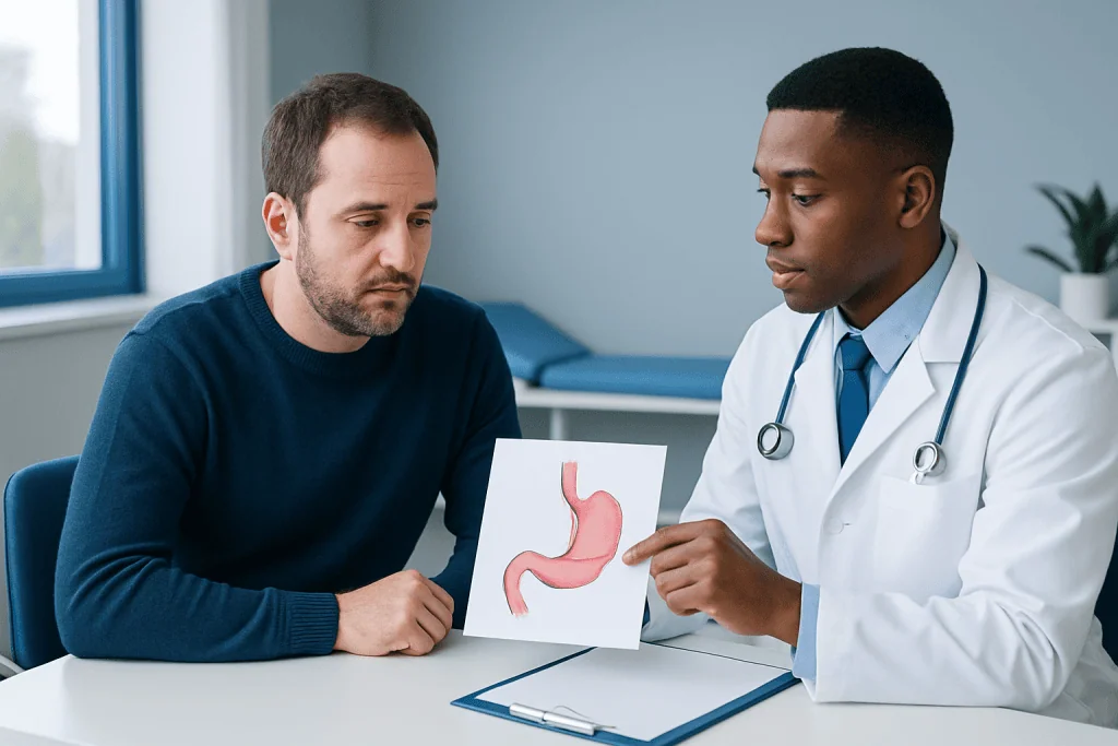 Doctor explaining stomach diagram to patient in consultation room.