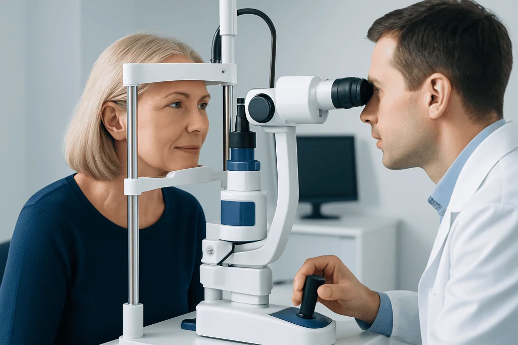 Ophthalmologist examining a patient with a slit lamp in a clinic setting.