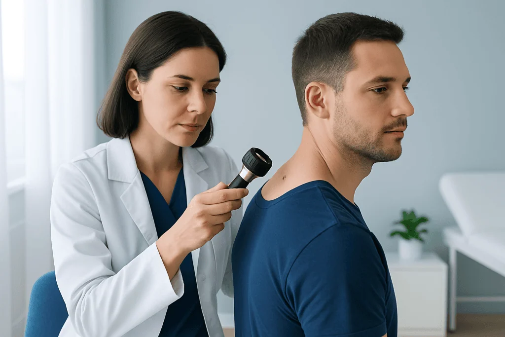 Dermatologist examines skin with a dermatoscope during skin cancer screening.