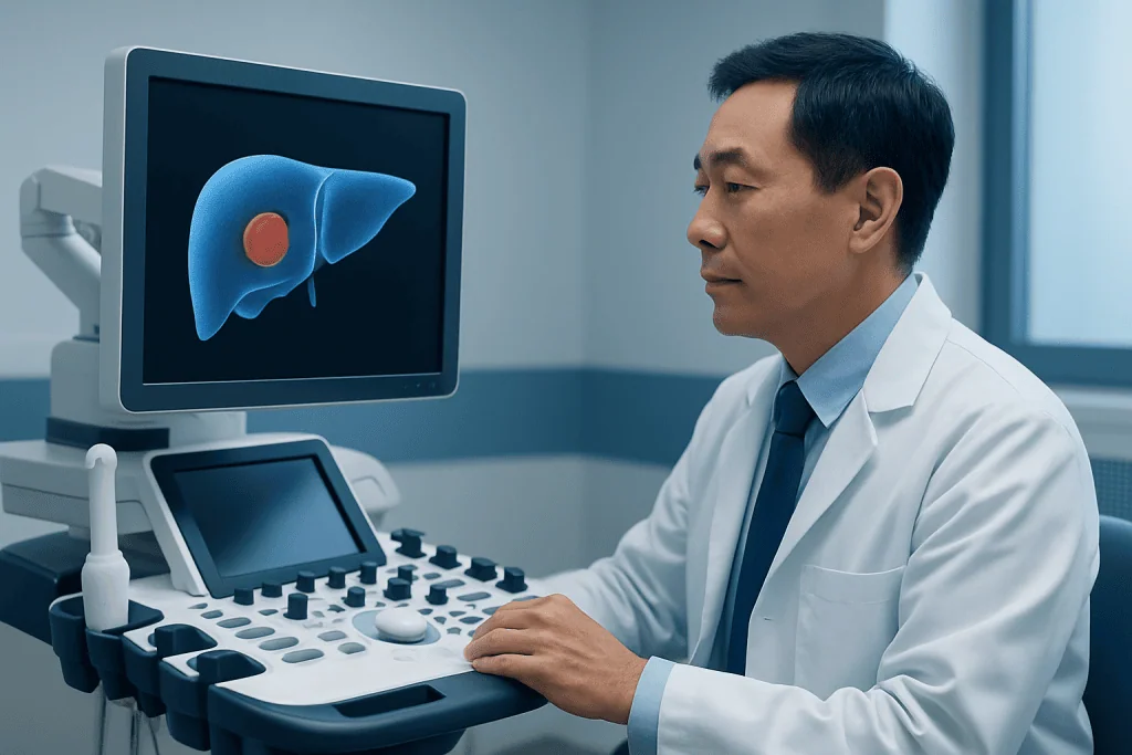 Doctor analyzing liver scan on ultrasound machine at hospital.