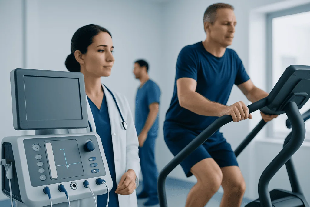 Patient using treadmill in a modern hospital gym with medical staff nearby.