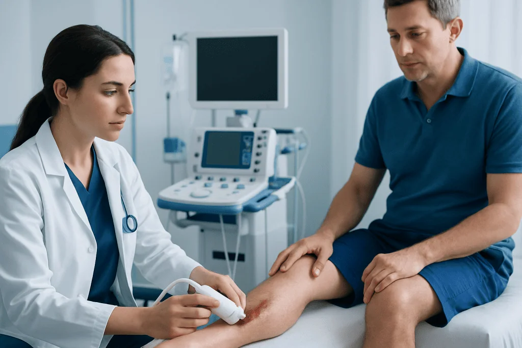 Doctor examining patient's leg in a medical clinic.