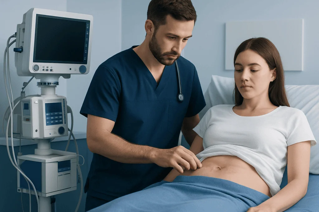 Doctor examining a patient's abdomen in a hospital setting.