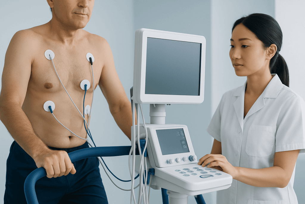 Patient undergoing a stress test with medical staff monitoring equipment at Acibadem Hospitals.
