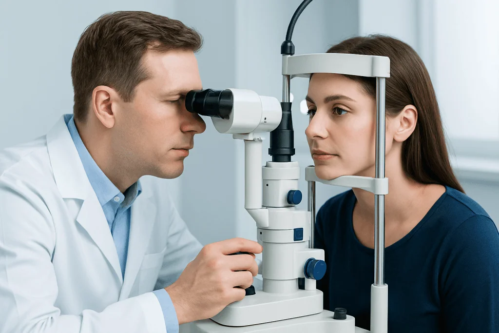 Optometrist examining a woman's eye with a slit lamp in a clinic setting.