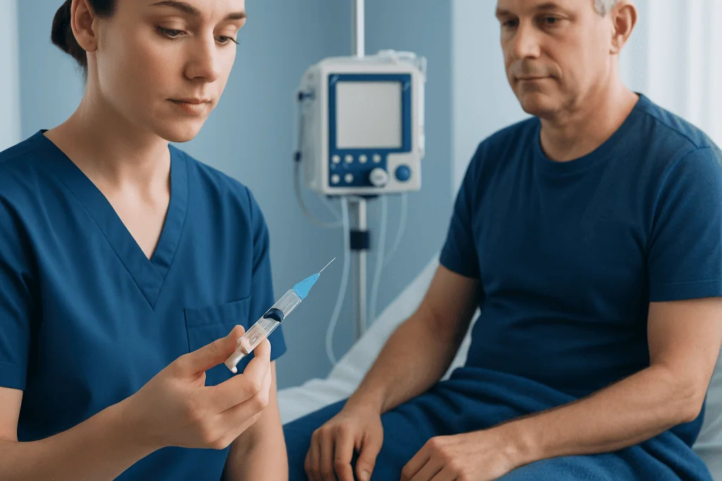 Nurse preparing a subcutaneous injection for a patient in a hospital room.